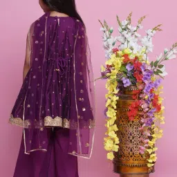 Little Bansi Girls Purple Self Design Kurta, Plazzos with Dupatta image 2