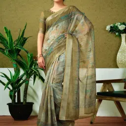 Satrani Green Linen Printed Saree With Unstitched Blouse-image-67