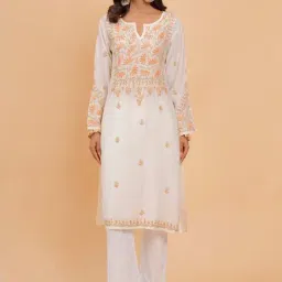 House of Kari Saba Chikankari Off White With Coloured Embroidery Long Kurta In Modal Silk-image-66