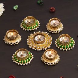 eCraftIndia Multicolor Aluminium Diamond Beads and Pearls Tea Light Candle Holder - Set of 7-picture-46