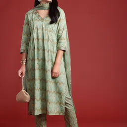 Anouk Ethnic Motifs Printed Sequinned Pure Cotton Kurta With Trousers & Dupatta-picture-32