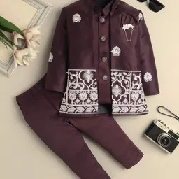 Sangria Boys Embroidered Sherwani & Trouser Set With Shrug-picture-54