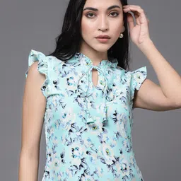 Oomph! Floral Printed Flutter Sleeve Tie-Up Neck Crepe Top-picture-41