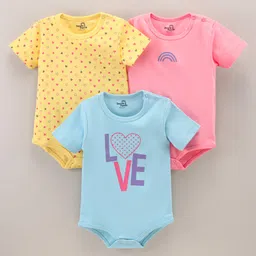 Doodle Poodle Cotton Knit Half Sleeves Heart Print Onesies Pack Of 3 - Yellow Blue Pink-picture-26