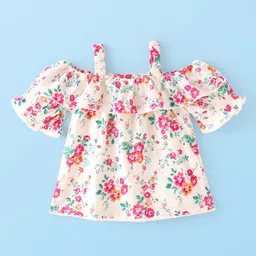 Babyhug Rayon Cold Shoulder Half Sleeves Floral & Lace Detailing Top - Offwhite-picture-18