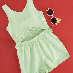 Pantaloons Junior Cotton Sleeveless Smocked Solid Jumpsuit - Green-picture-16