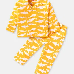 Babyhug Cotton Knit Full Sleeves Night Suit With Shark Print - Yellow-picture-22