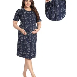 Fabme Pure Cotton Half Sleeves Unicorns Printed Nighty With Concealed Zipper Nursing Access  - Navy Blue-picture-20