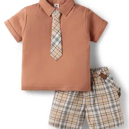 ToffyHouse Cotton Woven Half Sleeves Solid Shirt & Checks Short With Tie & Suspender - Brown-picture-24