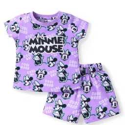 Babyhug Disney Single Jersey Knit Half Sleeves Co-ords Shorts Night Suit with Minnie Mouse Print - Purple-picture-17