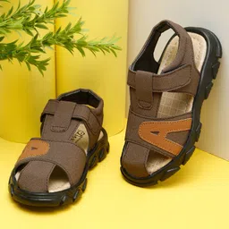 Tiny Bugs A Alphabet Patch Embroidered Sandals With Velcro Closure - Brown image 1