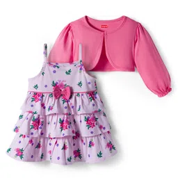 Babyhug Cotton Knit Full Sleeves Floral Printed Frock With Shrug & Bow Applique - Pink-picture-17