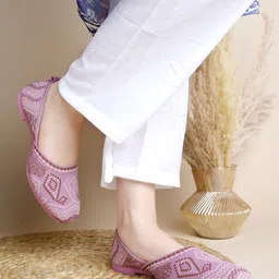 Shoetopia Abstract Embroidered Slip On Mojaris - Peach-picture-40