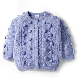 Babyhug Knit Full Raglan Sleeves Front Open Sweater with Cable Knit Design & Pom Pom Applique - Lavender-picture-20
