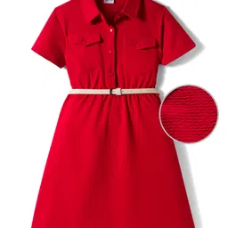 Hola Bonita Knit Half Sleeves Solid Textured Fabric Dress with Belt and Pocket - Red-picture-24