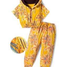 OLLINGTON ST. Cotton Knit Half Sleeves Co-ords Palm Tree Printed Hooded Top & Joggers Set - Yellow-picture-26