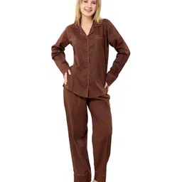 Piu Cotton Woven Full Sleeves Solid Coordinating Maternity Night Suit Set - Brown-image-56