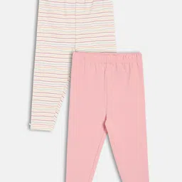MINI KLUB Cotton Knit Pack Of 2 Solid & Abstract Striped Leggings - White & Pink-picture-35