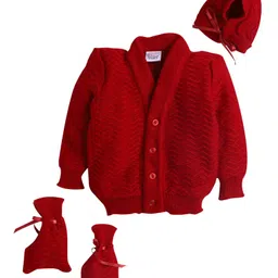 Little Angels Wool Knit Full Sleeves Textured Cardigan Cap & Socks Set - Red-picture-15