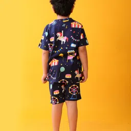 Anthrilo 100% Organic Cotton Knit Half Sleeves Carnival Theme Printed Tee & Coordinating Shorts Set - Navy Blue image 3