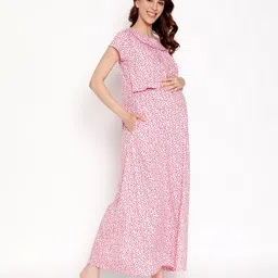 Bella Mama Half Sleeves Cotton Maternity Nighty Cherry Print with Concealed Zipper - Pink image 4