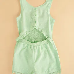 Pantaloons Junior Cotton Sleeveless Smocked Solid Jumpsuit - Green image 4