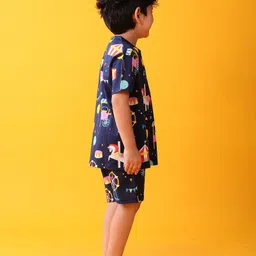 Anthrilo 100% Organic Cotton Knit Half Sleeves Carnival Theme Printed Tee & Coordinating Shorts Set - Navy Blue image 4