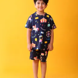 Anthrilo 100% Organic Cotton Knit Half Sleeves Carnival Theme Printed Tee & Coordinating Shorts Set - Navy Blue image 5