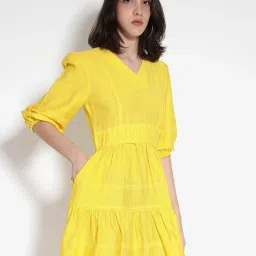 RAREISM Yellow Blended Solid Three-Quarter Sleeves Dress image 3