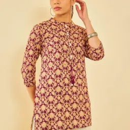 Soch Womens Wine Rayon Floral Printed Tunic With Faux Mirror & Tassels-picture-11