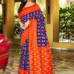 Satrani Blue & Orange Cotton Printed Saree With Unstitched Blouse image 3