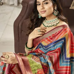 Satrani Multicolored Silk Printed Saree With Unstitched Blouse image 3