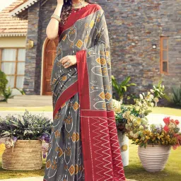 Satrani Grey & Maroon Cotton Printed Saree With Unstitched Blouse image 3