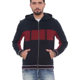 Basics Navy Cotton Slim Fit Colour Block Hooded Jacket-picture-23