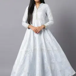 W Sky Blue Printed Flared Kurta-image-0