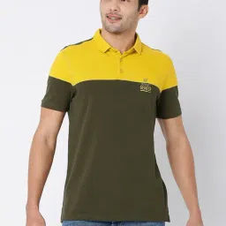 UnderJeans by Spykar Dark Green & Yellow Regular Fit Polo T-Shirt-picture-39
