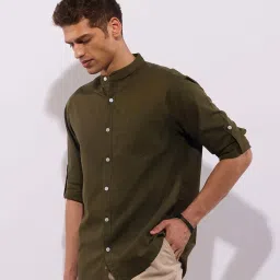 Hoversoul Green Cotton Regular Fit Long Sleeves Mandarin Collar Shirt image 3