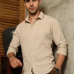 Campus Sutra Beige Poly Spandex Regular Fit Textured Shirt image 3