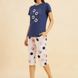 Sweet Dreams Navy & White Cotton Printed T-Shirt Capris Set image 3