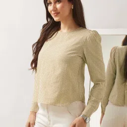 Globus Women Brown Checkered Back Button Detailing Cuffed Sleeves Curved Hem Shirt Style Top image 3