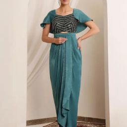 Miss Chase Turquoise Satin Embellished Short Sleeves Dress-picture-20