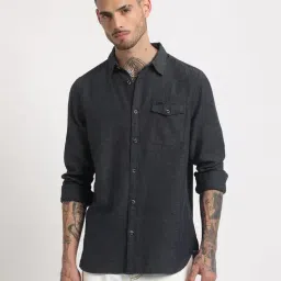 The Bear House Black Cotton Slim Fit Texture Shirt-image-67