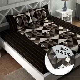 NEW TOWN Black & Brown Geometric 210 TC Queen Bedsheet with 2 Pillow Covers-image-84