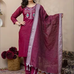 AUZAAI COLLECTION Women Floral Embroidered Regular Thread Work Pure Cotton Kurta with Trousers & With Dupatta image 1