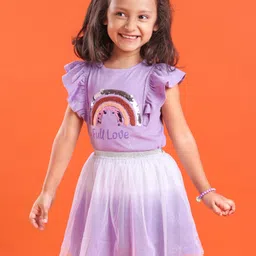 Babyhug 100% Cotton Knit Frill Sleeves Top & Skirt Set Rainbow Sequins - Lilac-image-6