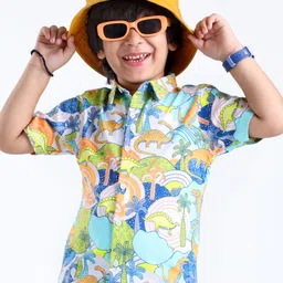 Babyhug Cotton Knit Half Sleeves Regular Collar Shirt Dino Printed - White Blue & Green-picture-13