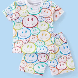 Babyhug Cotton Knit Half Sleeves Night Suit Smiley Print - White-picture-14