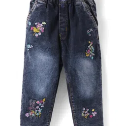Olio Kids Denim Woven Full Length Paper Bag Jeans with Floral Embroidery - Black-image-32