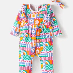 Babyhug Interlock Knit Full Sleeves Romper With Floral Print & Hairband - Green-picture-16