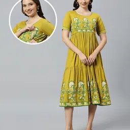 Dummy Shape Viscose Rayon Half Sleeves Floral Printed Maternity Flared Kurta With Nursing Access - Light Green-picture-23